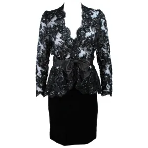 TRAVILLA Black Sequin Lace Skirt Suit with Satin Bow Belt Size 2-4