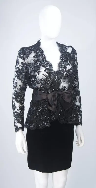 TRAVILLA Black Sequin Lace Skirt Suit with Satin Bow Belt Size 2-4