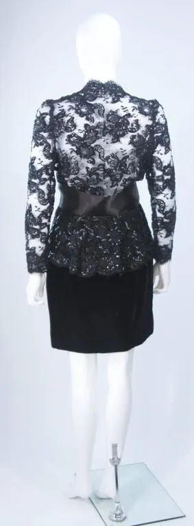 TRAVILLA Black Sequin Lace Skirt Suit with Satin Bow Belt Size 2-4