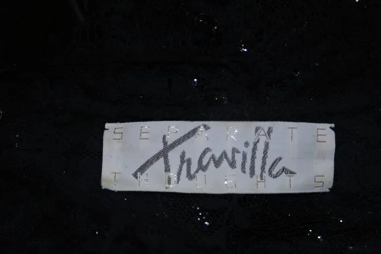 TRAVILLA Black Sequin Lace Skirt Suit with Satin Bow Belt Size 2-4