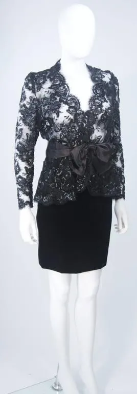 TRAVILLA Black Sequin Lace Skirt Suit with Satin Bow Belt Size 2-4