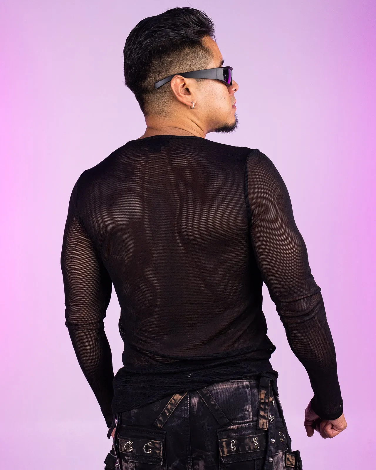 Tripp NYC Men's Black Long Sleeve Fishnet Top