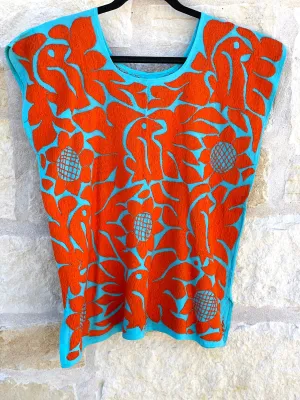 Turquoise and Orange Jalapa Blouse M/L