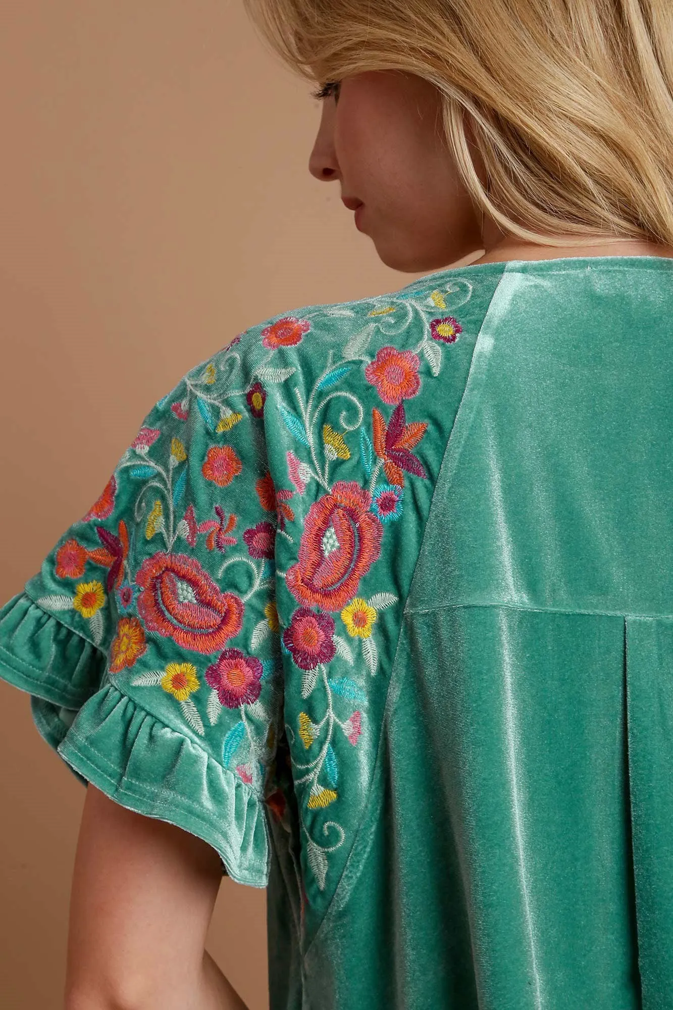 Turquoise Velvet Embroidery Short Sleeve Blouse