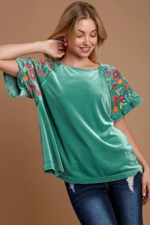 Turquoise Velvet Embroidery Short Sleeve Blouse