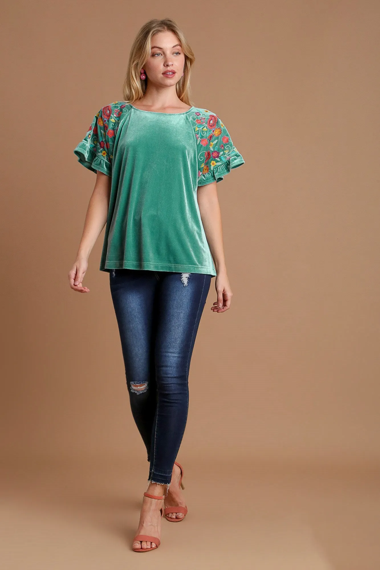 Turquoise Velvet Embroidery Short Sleeve Blouse
