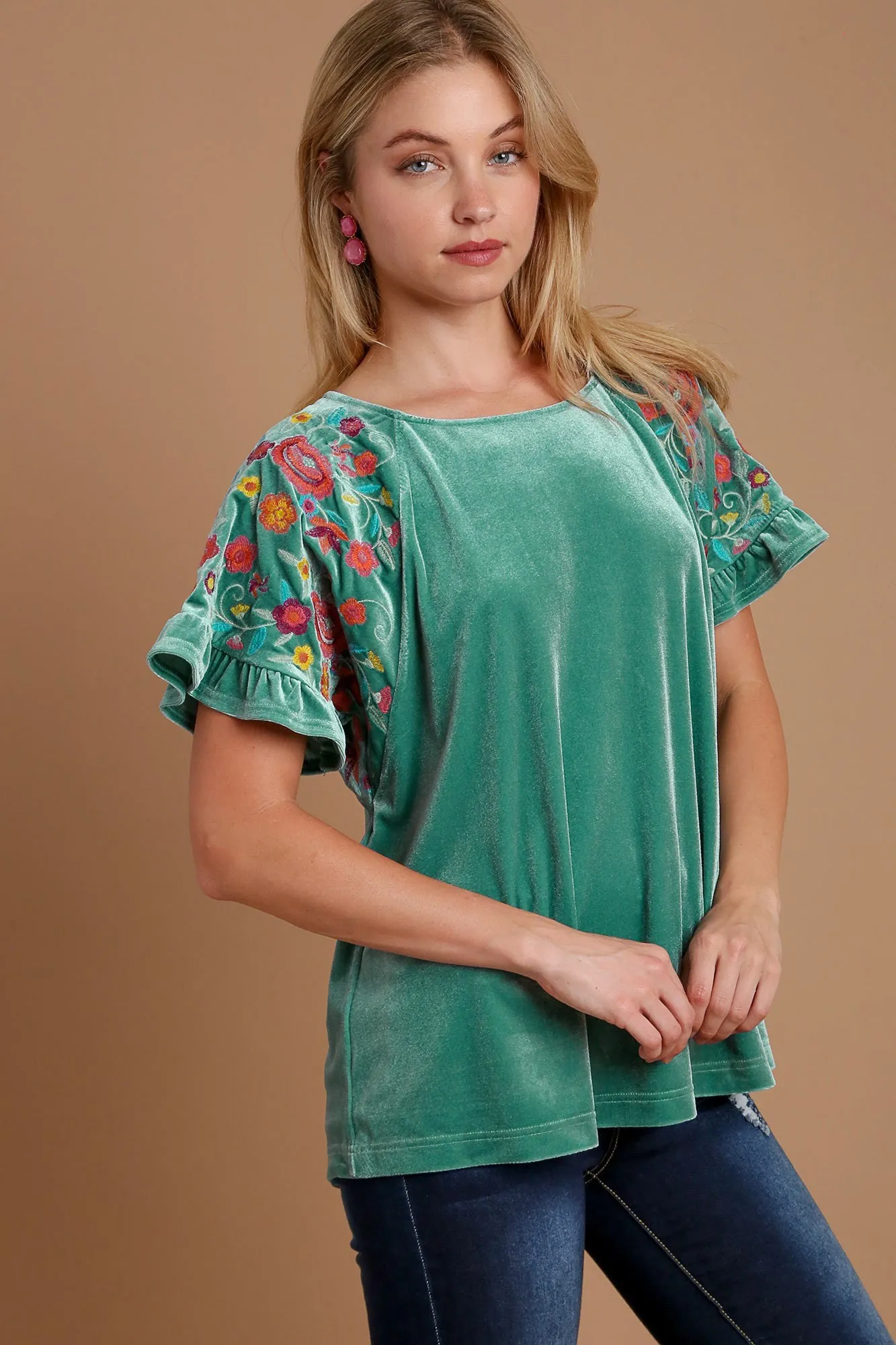 Turquoise Velvet Embroidery Short Sleeve Blouse