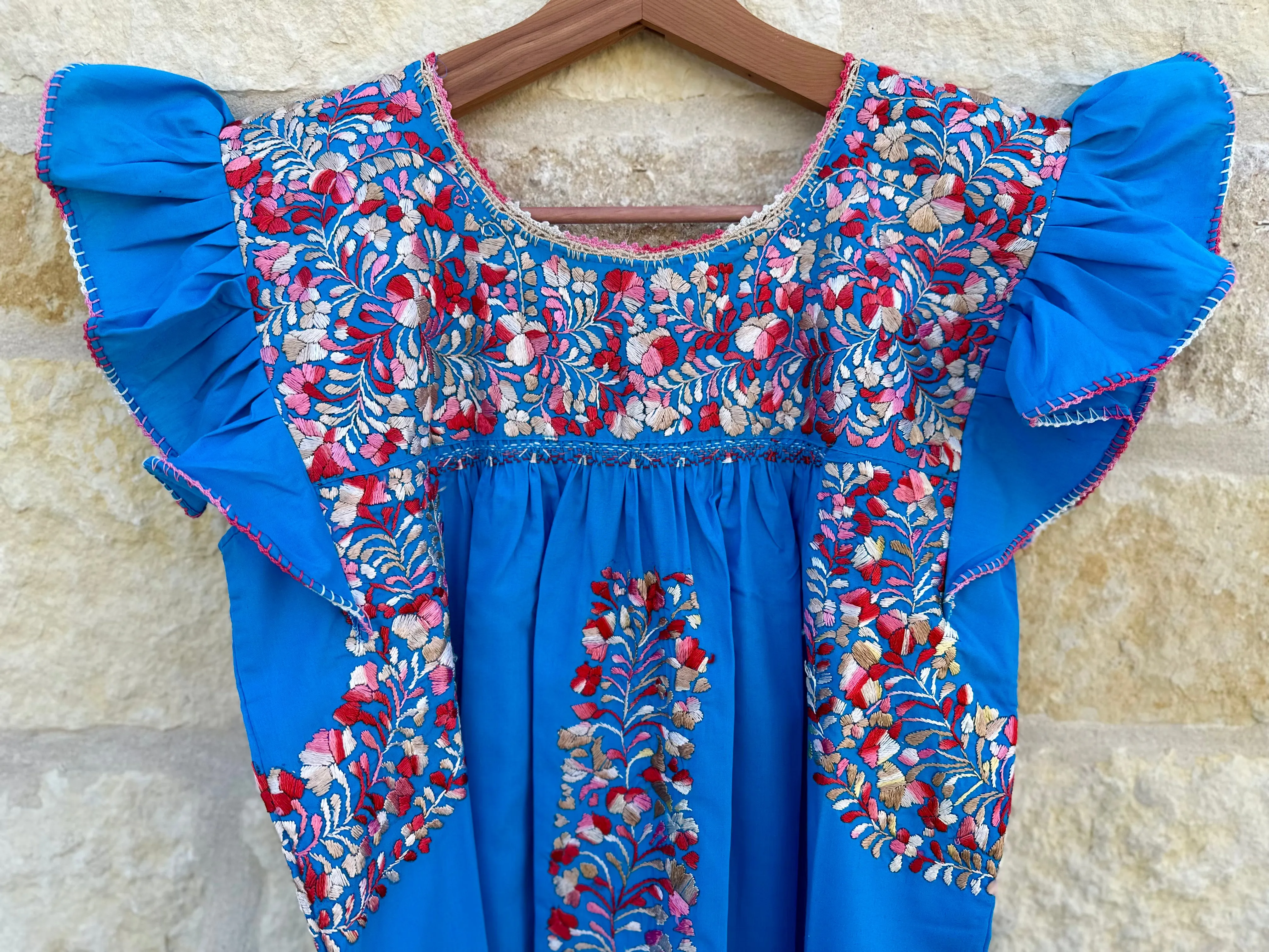 Turquoise with Pink, Red and Gold Embroidery Flutter Sleeve Felicia Midi Dress - S/M