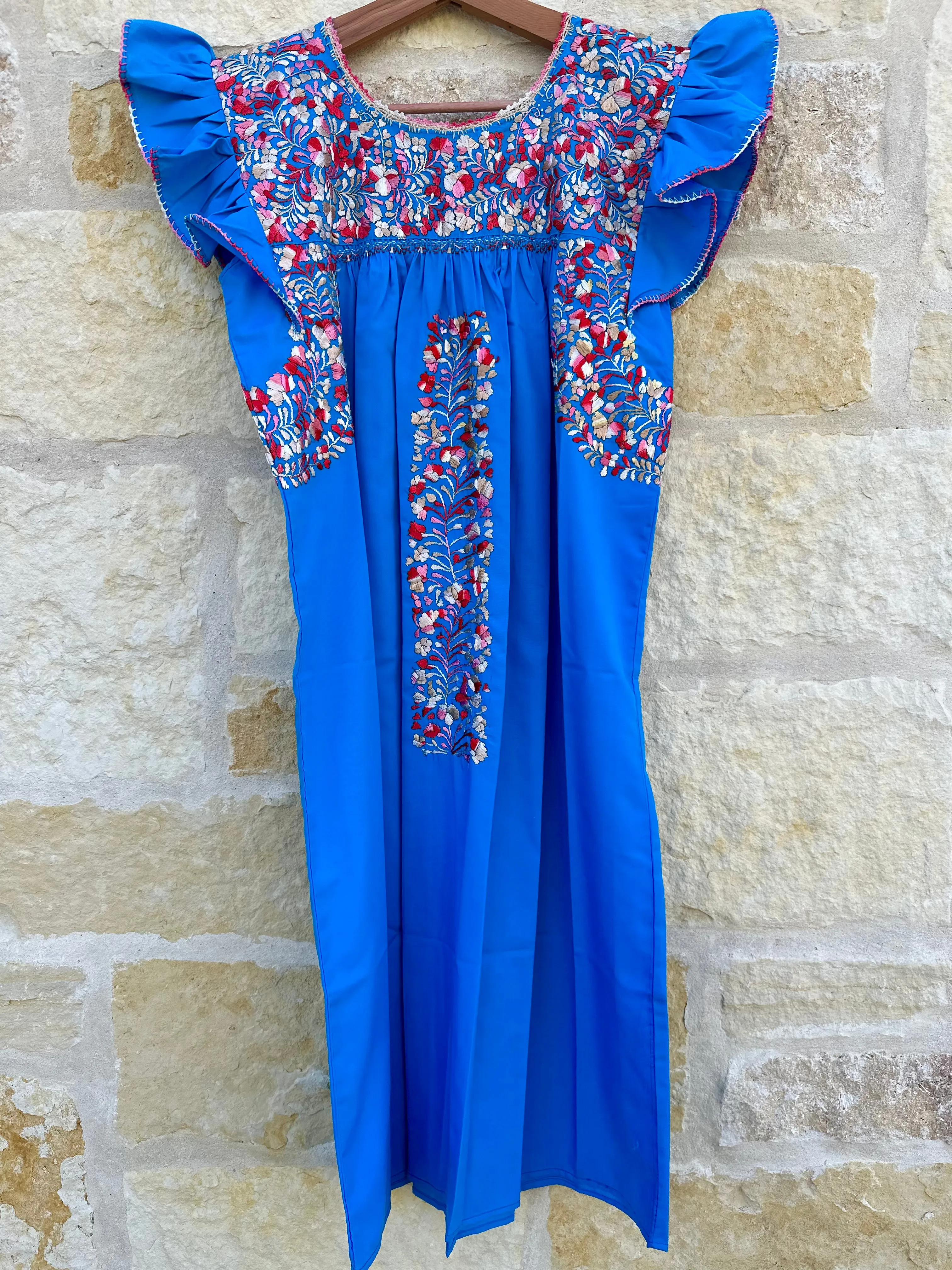 Turquoise with Pink, Red and Gold Embroidery Flutter Sleeve Felicia Midi Dress - S/M