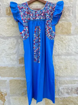 Turquoise with Pink, Red and Gold Embroidery Flutter Sleeve Felicia Midi Dress - S/M