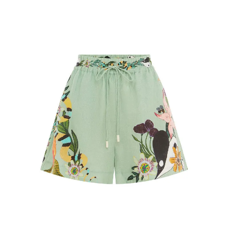 Two Piece Print Linen Button Down Top and Shorts Set