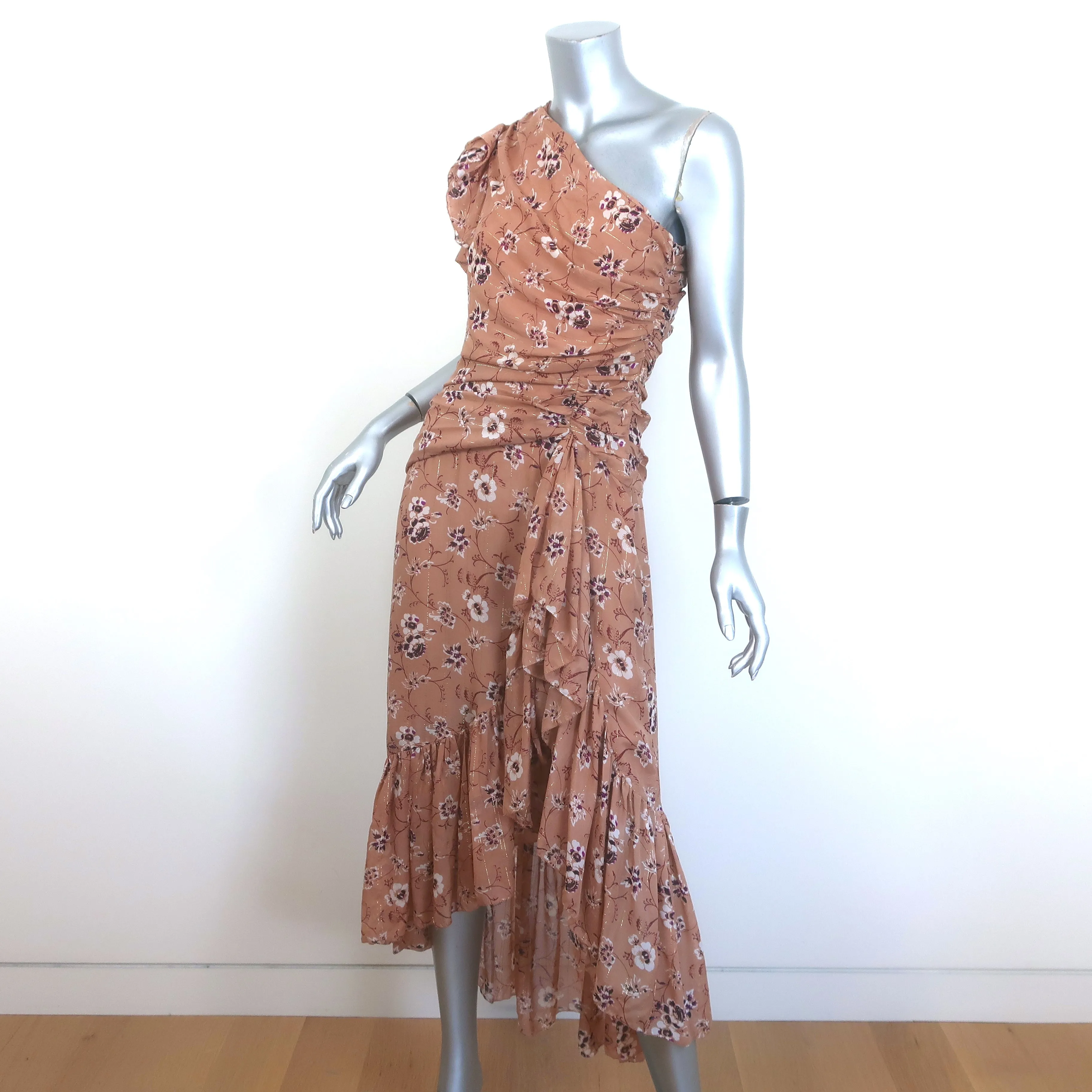 Ulla Johnson Belline Ruffled One-Shoulder Dress Beige Floral Print Silk Size 4