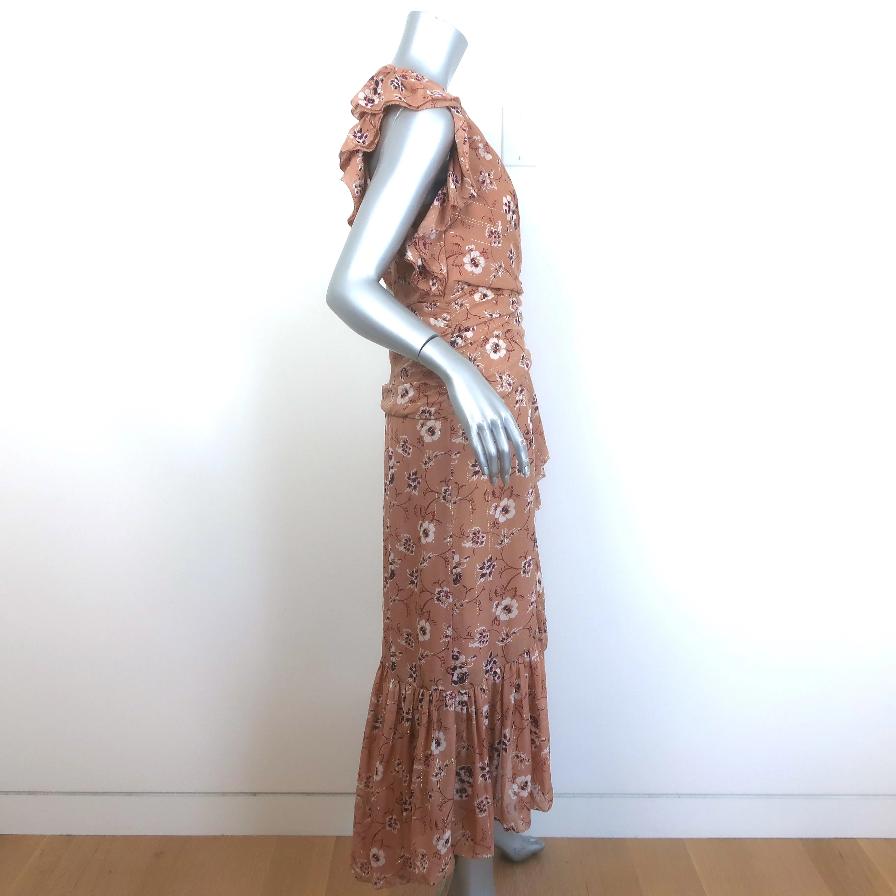 Ulla Johnson Belline Ruffled One-Shoulder Dress Beige Floral Print Silk Size 4