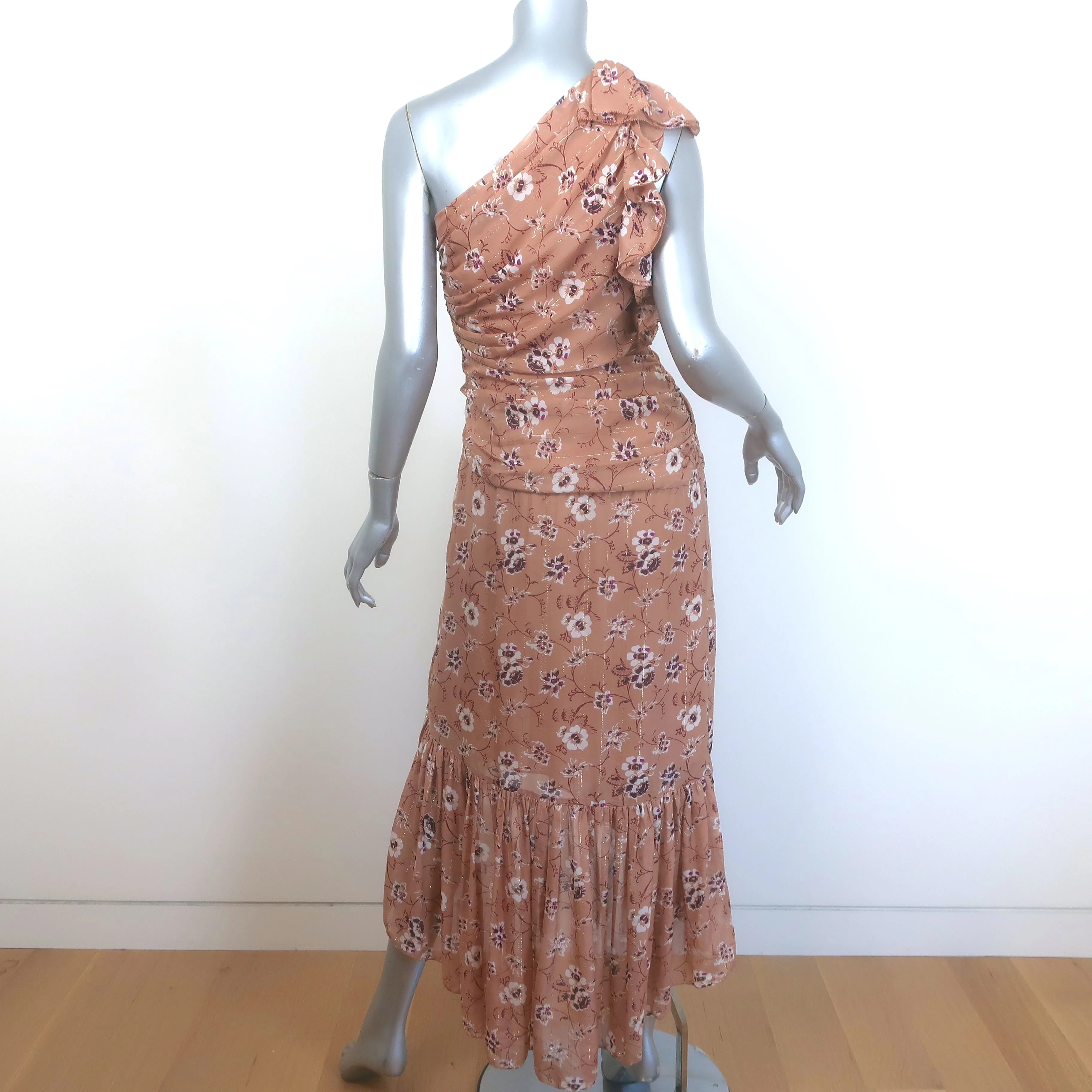 Ulla Johnson Belline Ruffled One-Shoulder Dress Beige Floral Print Silk Size 4