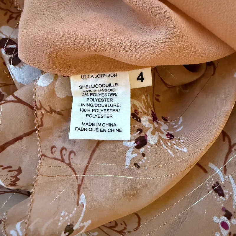 Ulla Johnson Belline Ruffled One-Shoulder Dress Beige Floral Print Silk Size 4