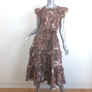 Ulla Johnson Elsie Tiered Ruffled Midi Dress Brown Printed Cotton Size 4