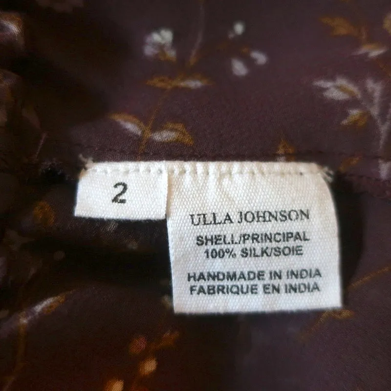 Ulla Johnson Tassel Top Wine Floral Print Ruffled Silk Size 2 Short Sleeve