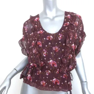 Ulla Johnson Tassel Top Wine Floral Print Ruffled Silk Size 2 Short Sleeve