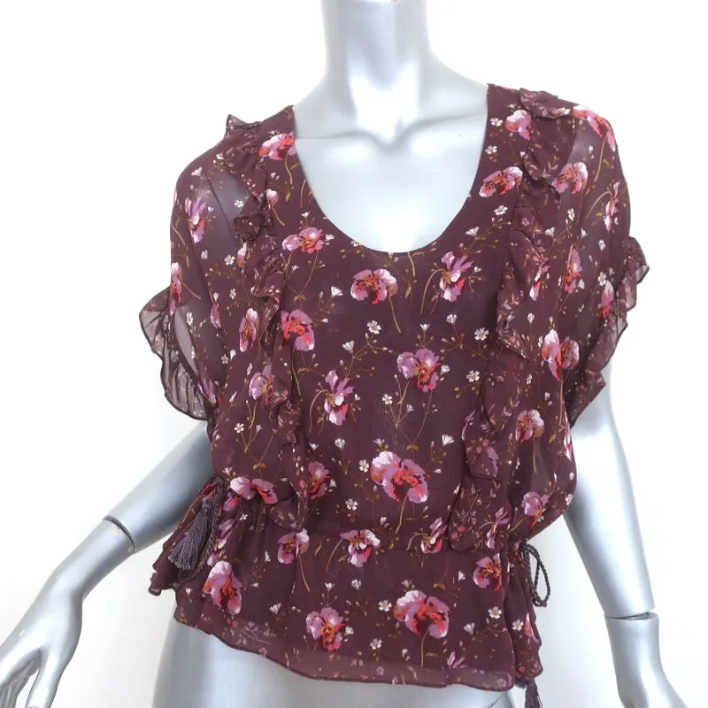 Ulla Johnson Tassel Top Wine Floral Print Ruffled Silk Size 2 Short Sleeve