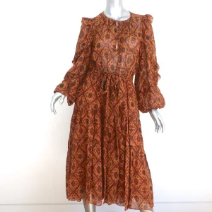 Ulla Johnson Tiered Midi Dress Aliya Ochre Printed Ruffled Silk Chiffon Size 8
