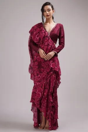 V Neck Full Sleeve Blouse Ruffled Saree Set