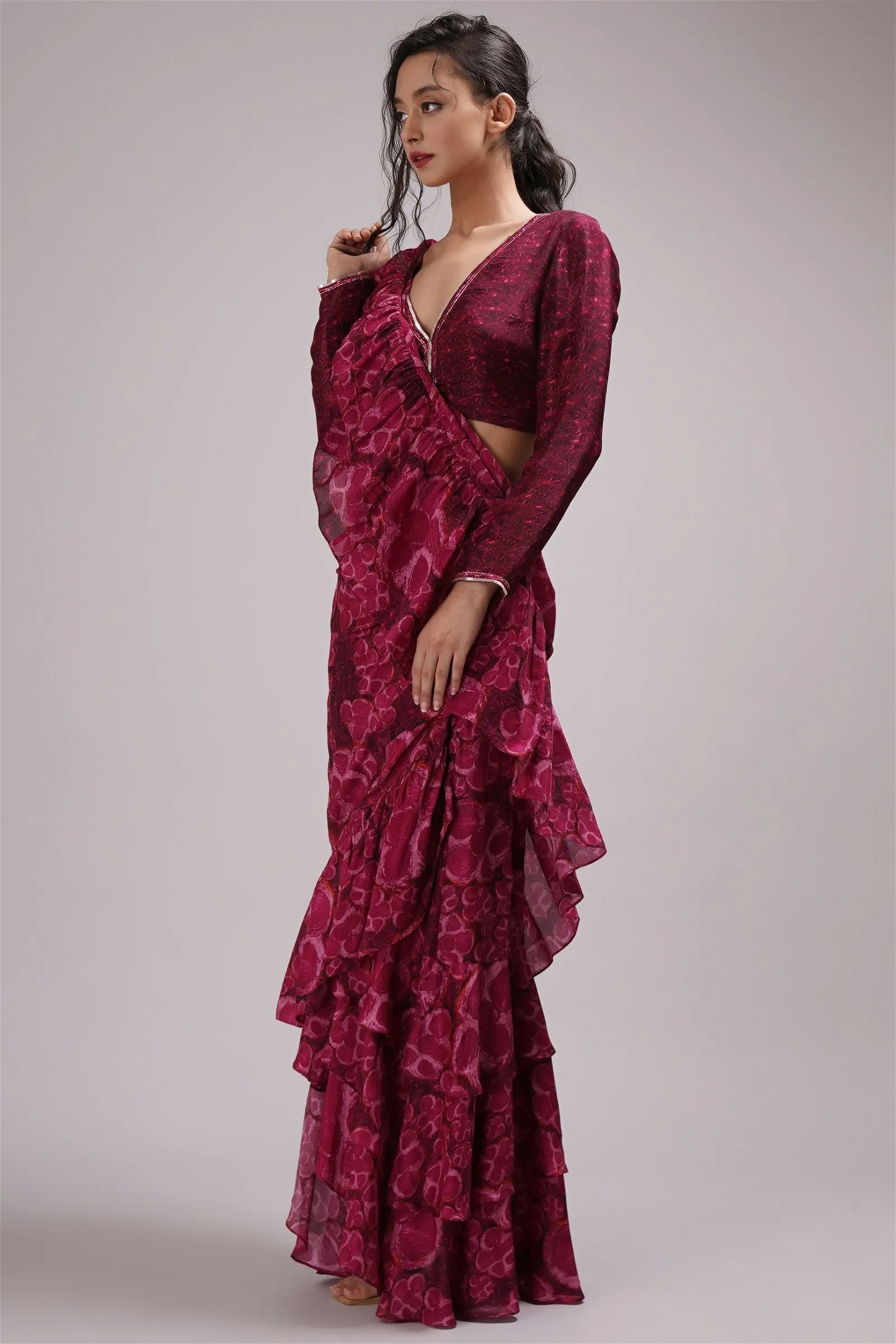 V Neck Full Sleeve Blouse Ruffled Saree Set