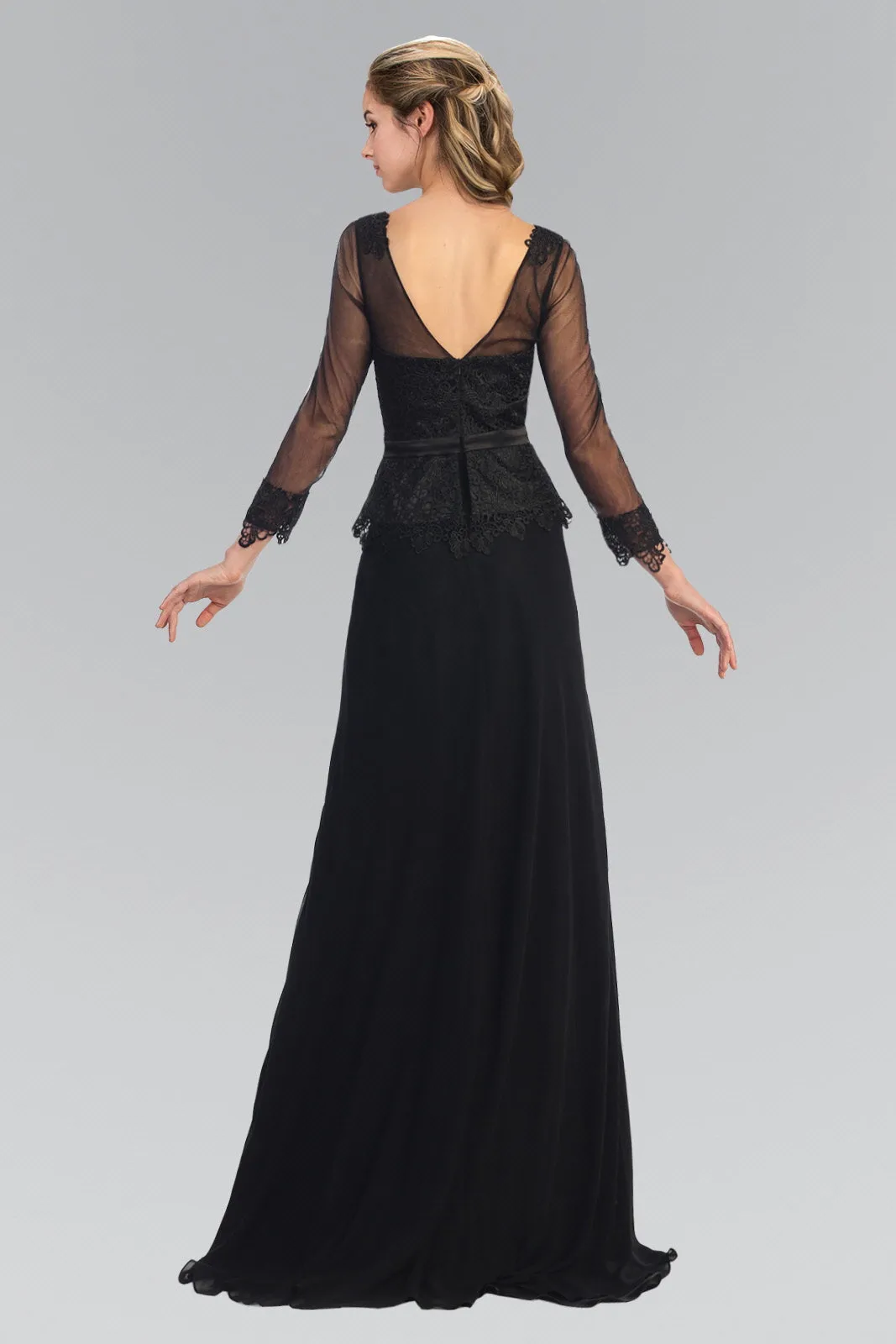 V-Neck Long Sheer Sleeve Chiffon Floor Length Dress with Lace Bodice