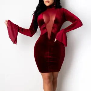V-Neck Velvet Sheer Mesh Patchwork Flared Long Sleeve Dress