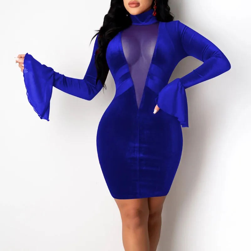 V-Neck Velvet Sheer Mesh Patchwork Flared Long Sleeve Dress