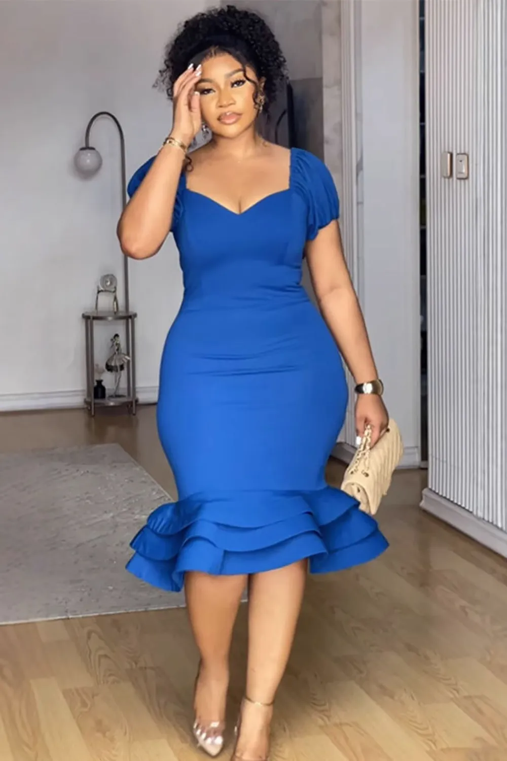 V Neckline Puff Sleeve Bodycon Layered Ruffled Hemline Midi Dresses-Blue