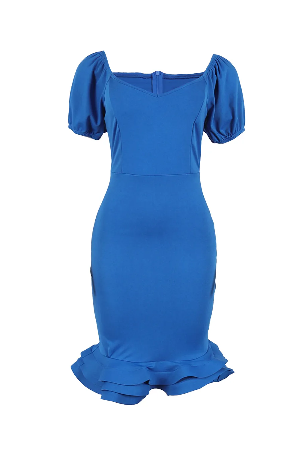V Neckline Puff Sleeve Bodycon Layered Ruffled Hemline Midi Dresses-Blue