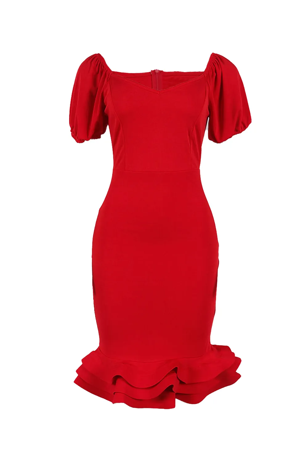 V Neckline Puff Sleeve Bodycon Layered Ruffled Hemline Midi Dresses-Blue