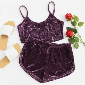 Velvet Crop Top & Elastic Shorts (2 Piece Set)