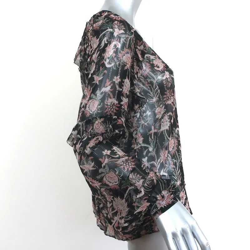 Veronica Beard Blouse Zanita Black Metallic Floral Print Ruffled Chiffon Size 4