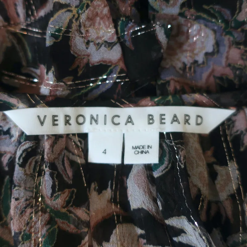 Veronica Beard Blouse Zanita Black Metallic Floral Print Ruffled Chiffon Size 4