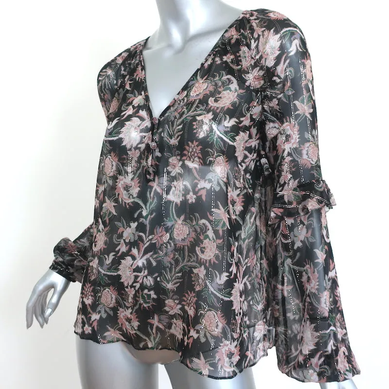 Veronica Beard Blouse Zanita Black Metallic Floral Print Ruffled Chiffon Size 4