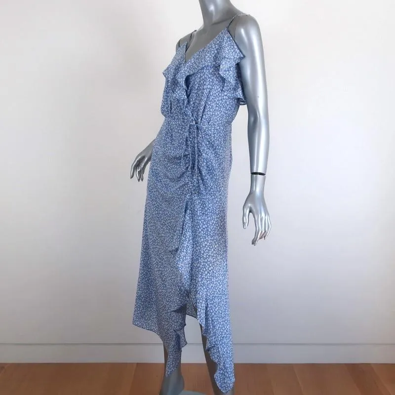 Veronica Beard Ruched Midi Dress Blue/White Floral Print Ruffled Silk Size 2