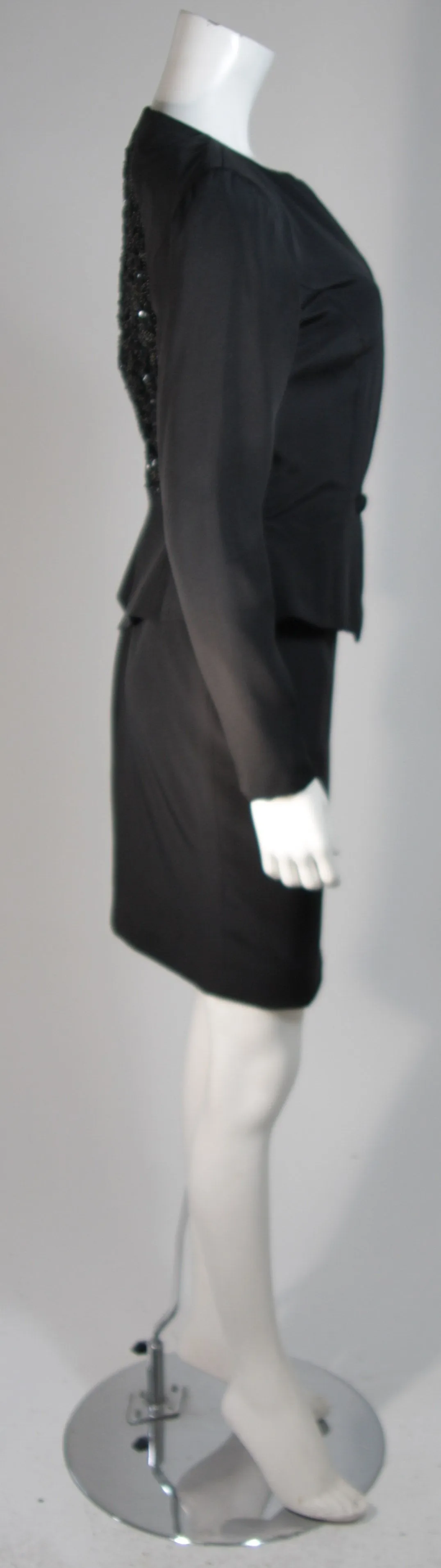 VICKY TIEL 3 pc Black Silk Skirt Suit with Lace Back Panel Size Small