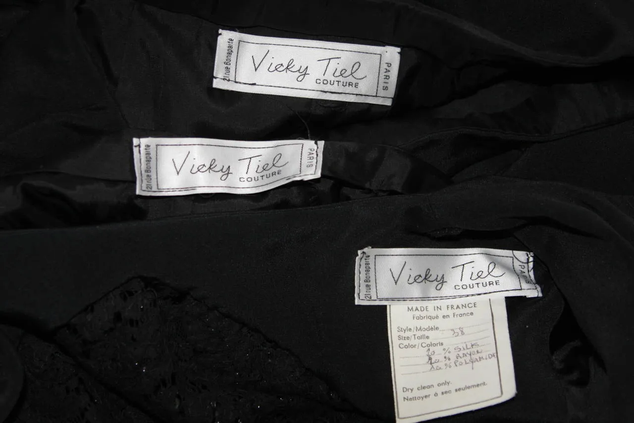 VICKY TIEL 3 pc Black Silk Skirt Suit with Lace Back Panel Size Small
