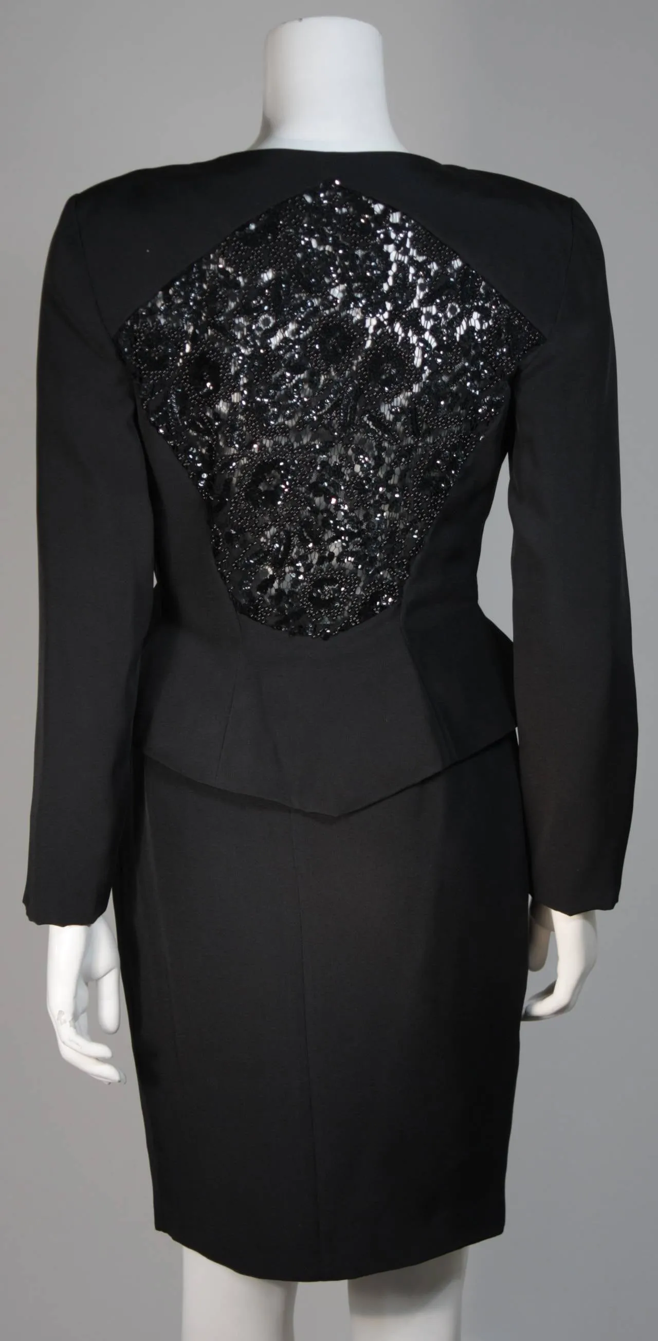 VICKY TIEL 3 pc Black Silk Skirt Suit with Lace Back Panel Size Small