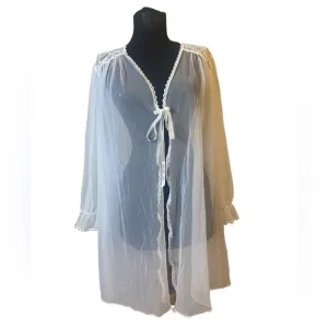 Vintage Barbizon Sheer White Lace Embroidered Peignoir/Robe Medium