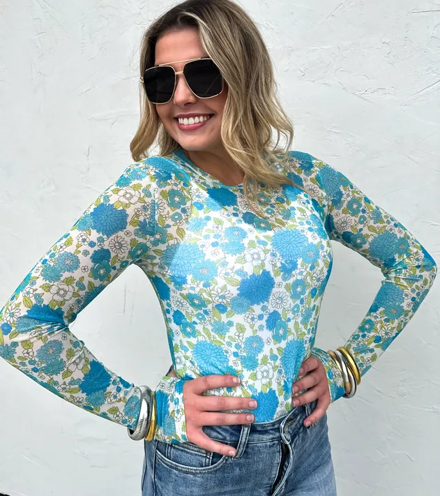 Vintage Floral Mesh Top - Blue