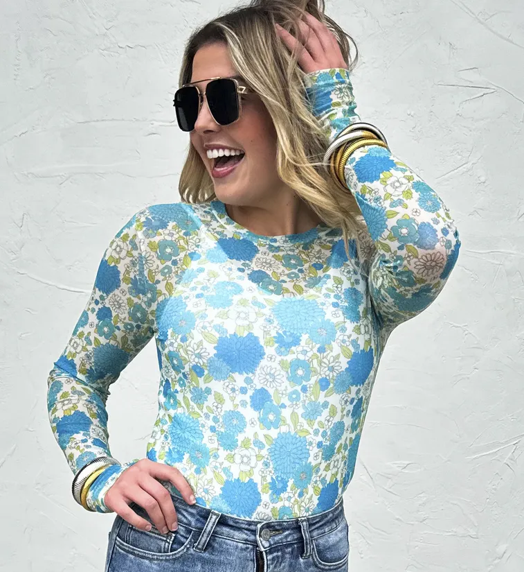 Vintage Floral Mesh Top - Blue