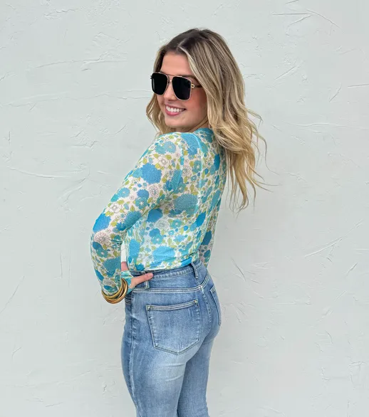 Vintage Floral Mesh Top - Blue