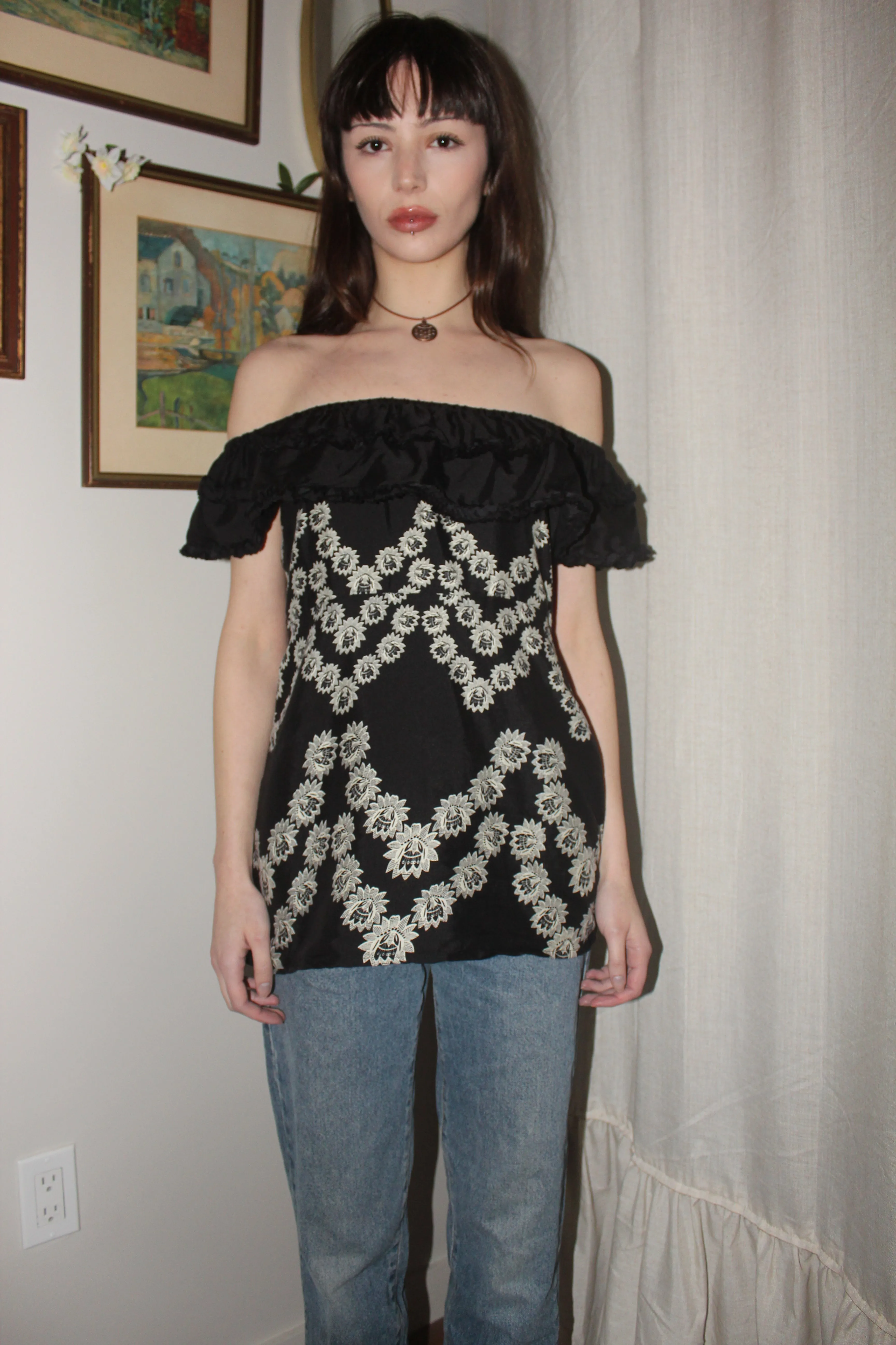Vintage Ruffled Off the Shoulder Boho Blouse (S/M)