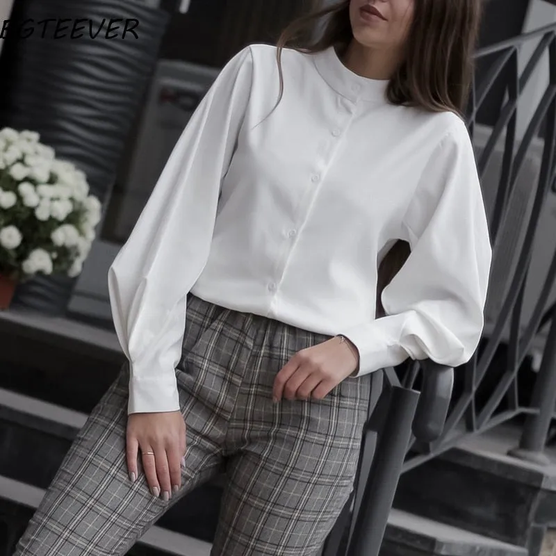 Vintage Stand Collar Lantern Sleeve Women Blouses