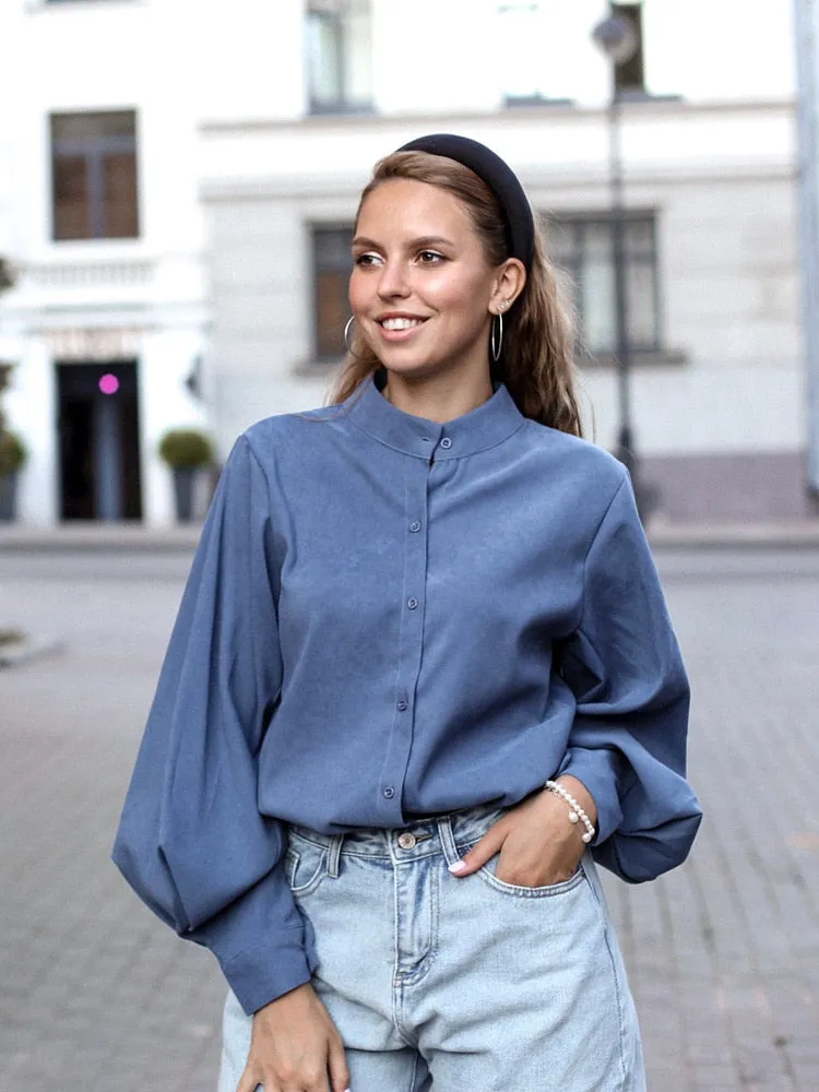 Vintage Stand Collar Lantern Sleeve Women Blouses