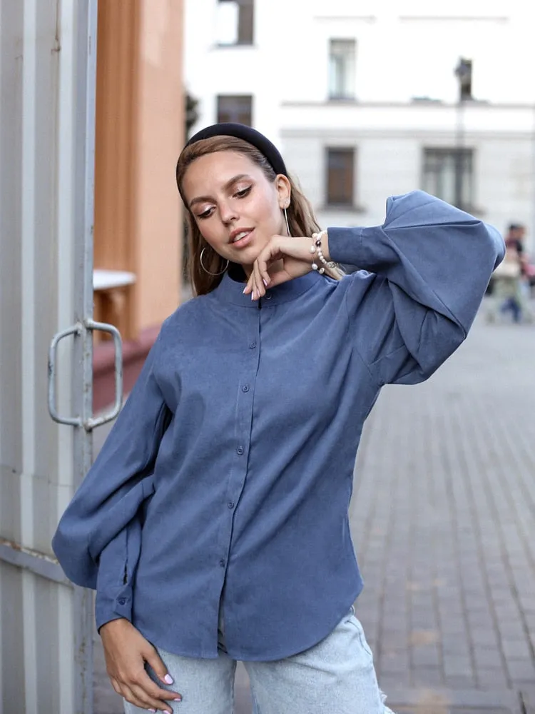 Vintage Stand Collar Lantern Sleeve Women Blouses
