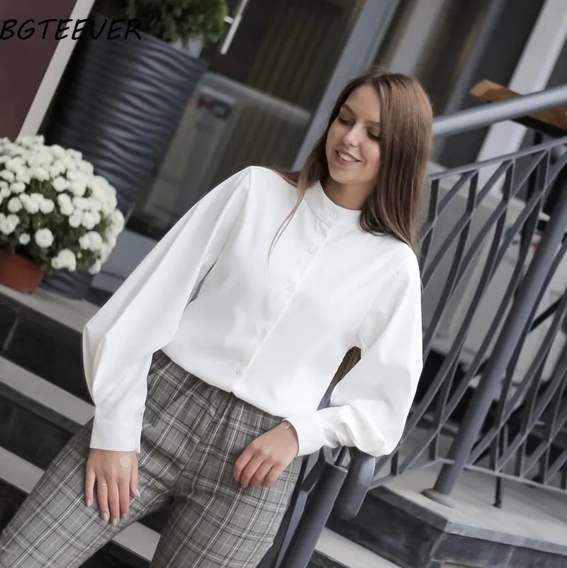Vintage Stand Collar Lantern Sleeve Women Blouses
