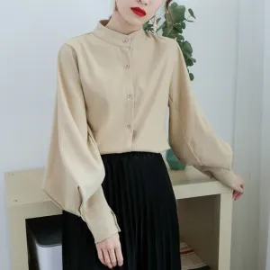 Vintage Stand Collar Lantern Sleeve Women Blouses